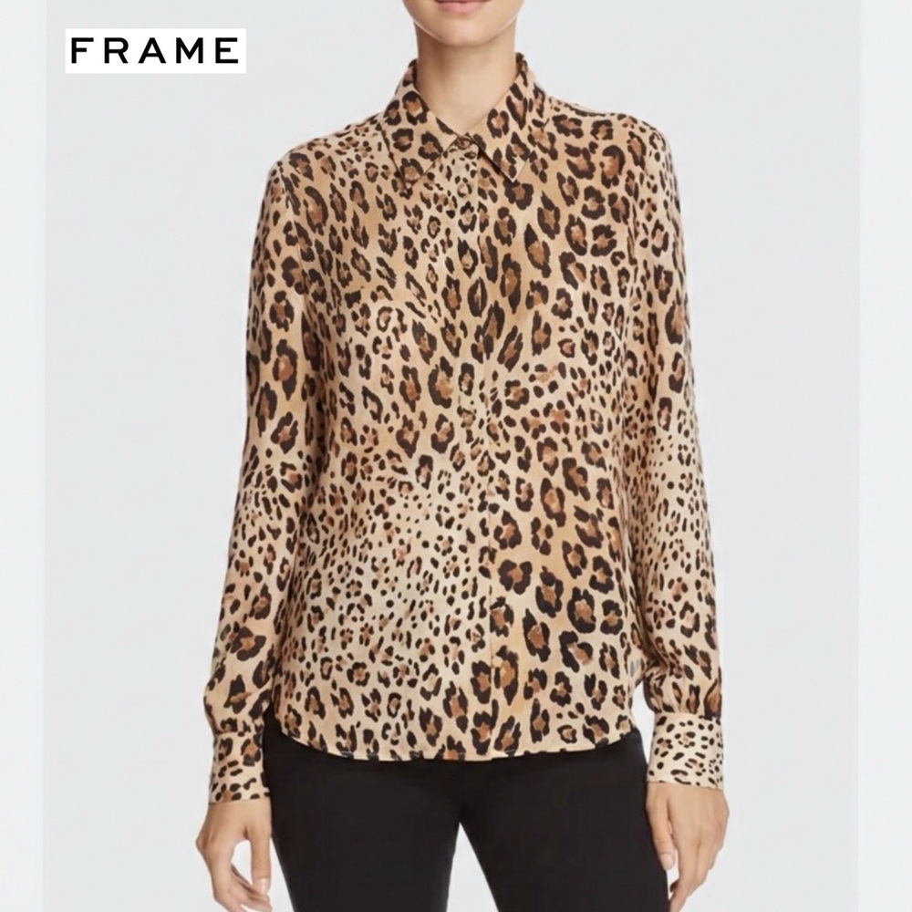 FRAME 100% Silk Leopard Print Blouse XS Camel Multi Animal Print Boho Luxe Top